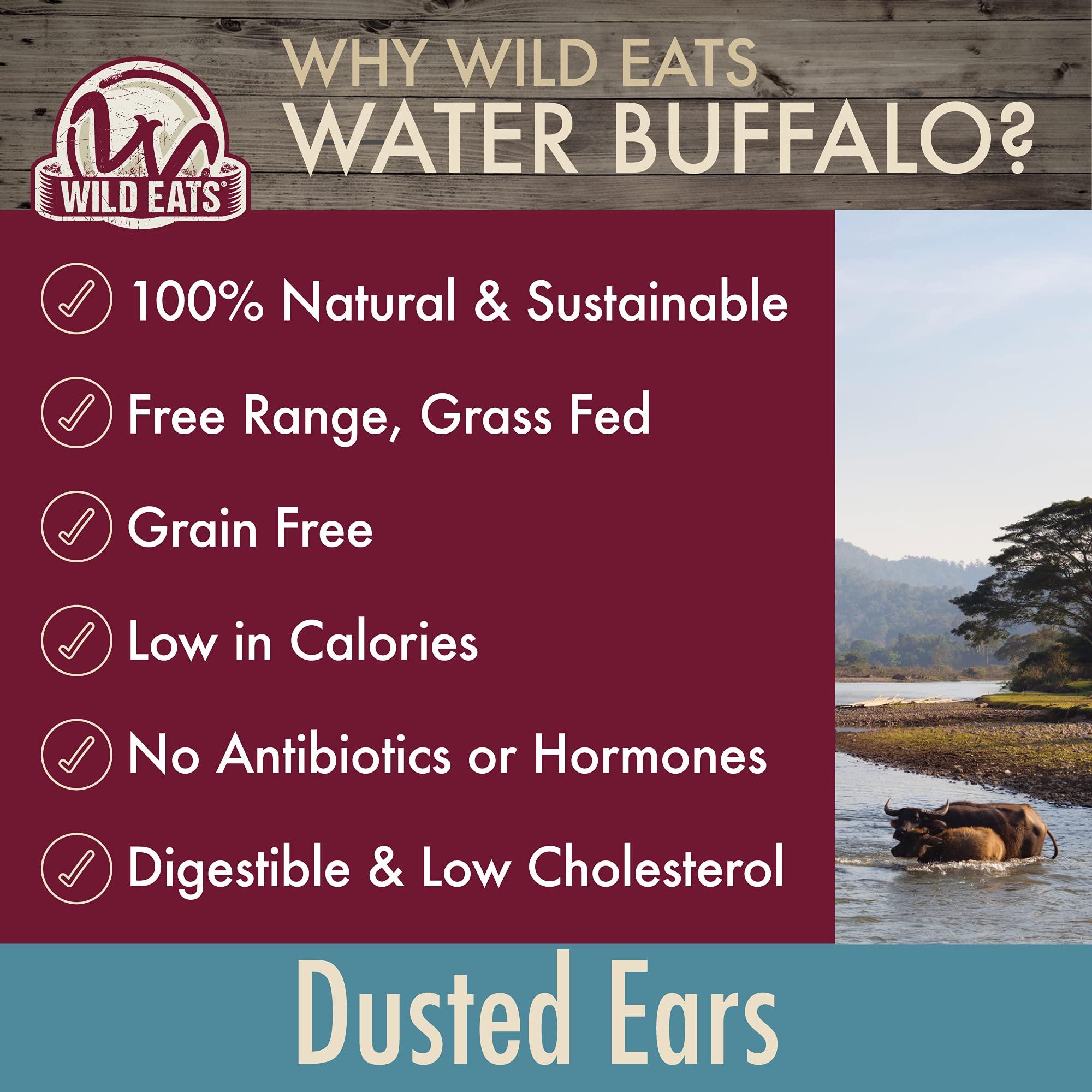 Wild Eats Water Buffalo ear chew bag-open image emphasizes value-pack convenience for dog households.