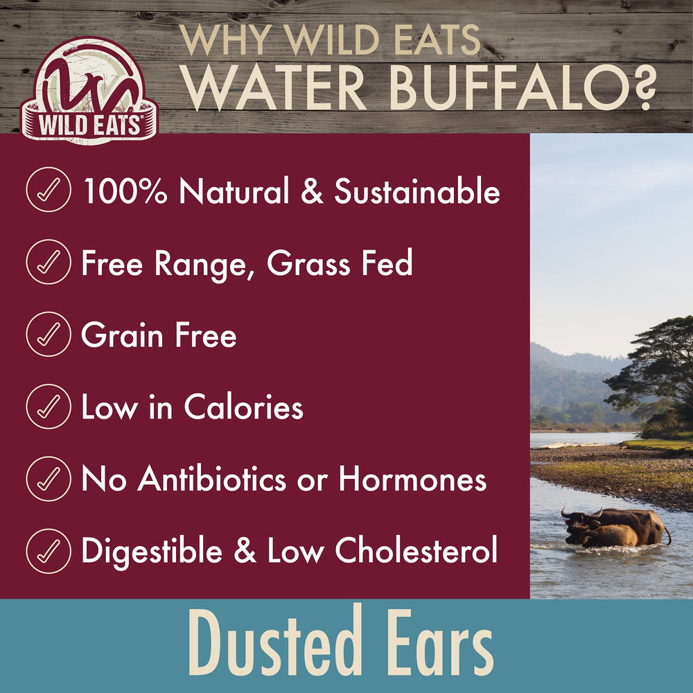 Wild Eats Water Buffalo ear chew bag-open image emphasizes value-pack convenience for dog households.