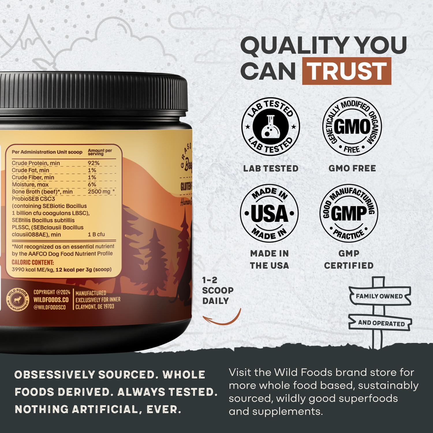 Wild Foods Dog Bone Broth Powder scoop image conveys precise portioning for dogs of all sizes.