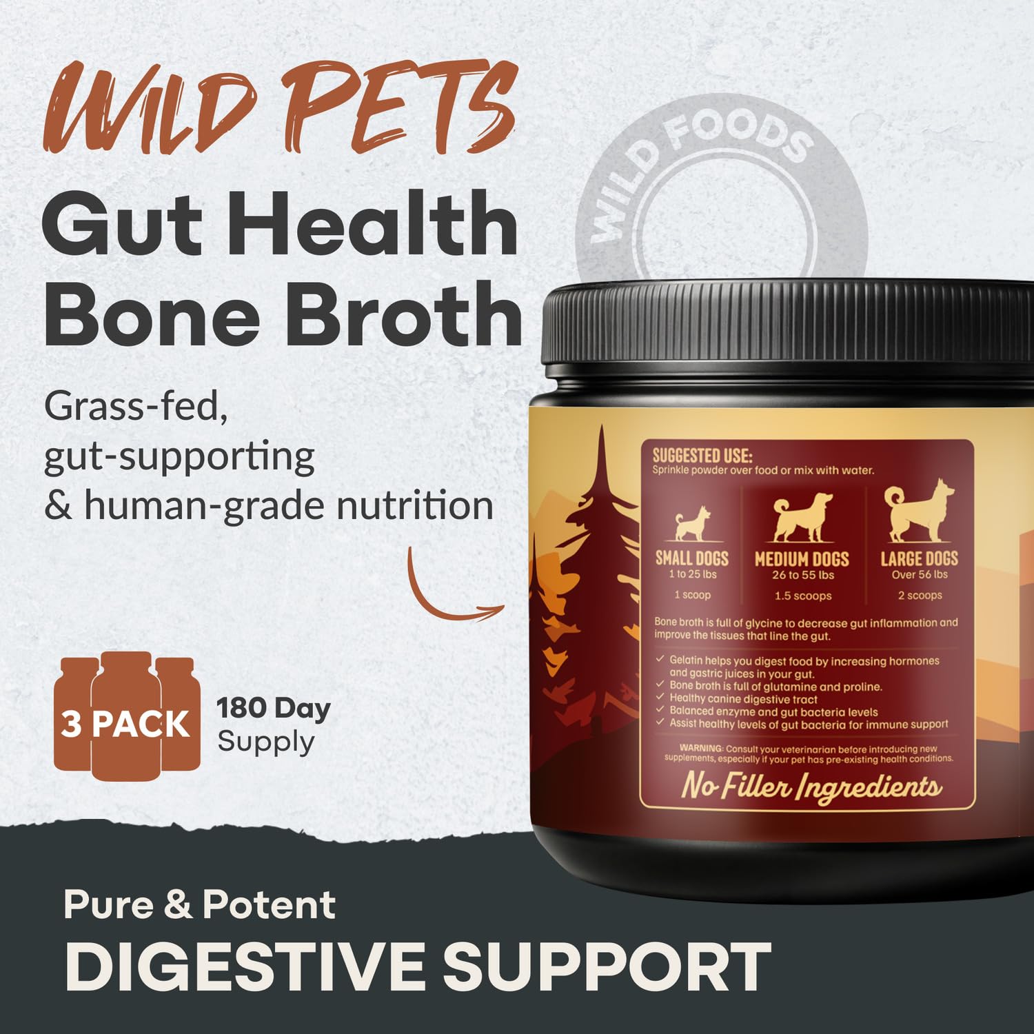 Wild Foods Dog Bone Broth Powder tub-label shows clean ingredients supporting gut health and joints.