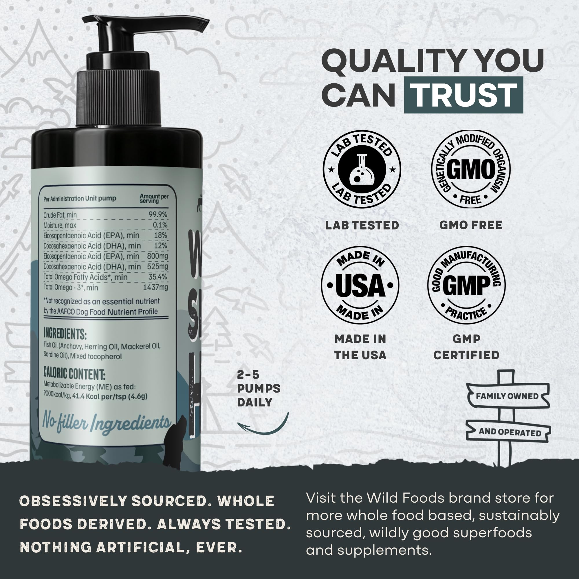 Wild Foods Wild Dog Fish Oil ingredients close-up highlighting anchovy, herring, mackerel, sardine oils.