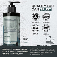 Wild Foods Wild Dog Fish Oil ingredients close-up highlighting anchovy, herring, mackerel, sardine oils.