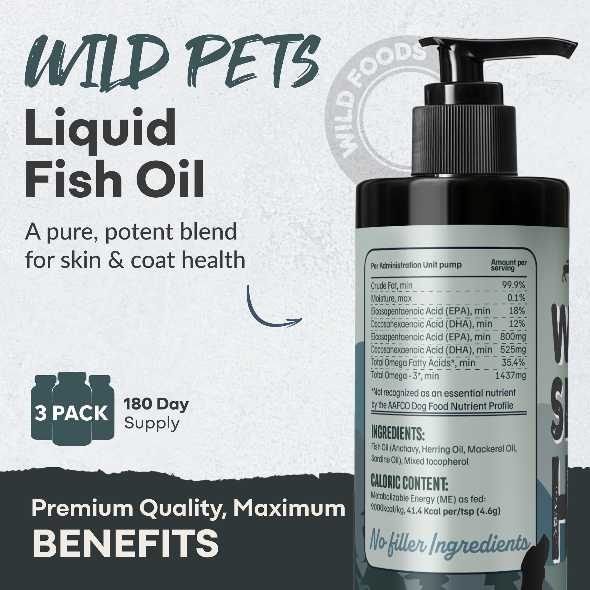 Wild Foods Wild Dog Fish Oil being poured over dog food for daily omega-3 boost.