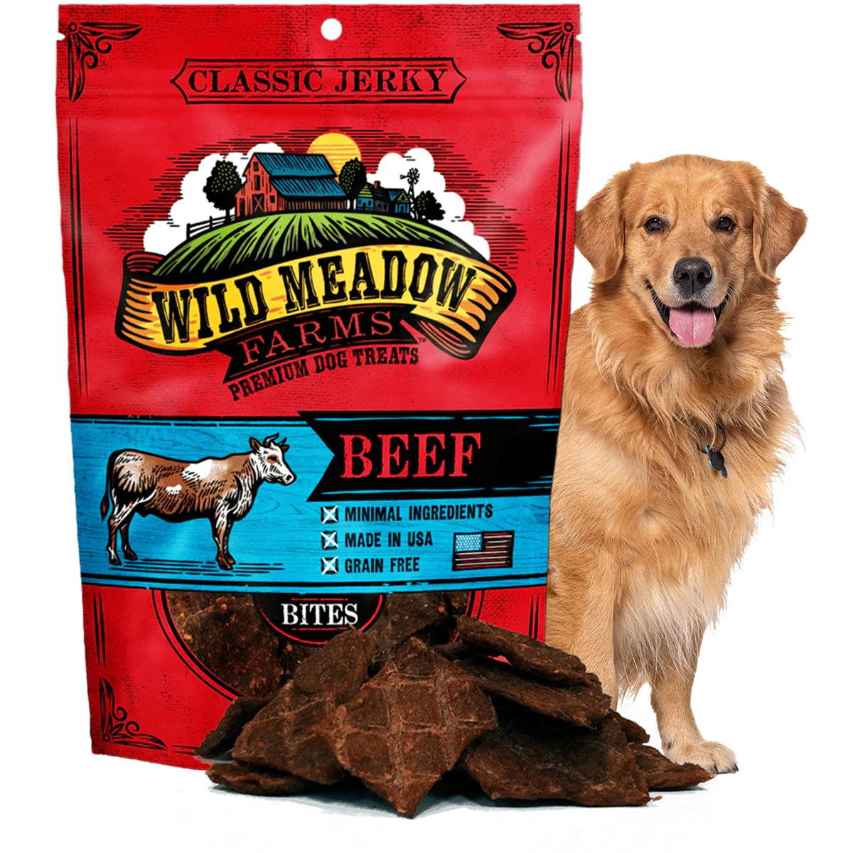 Wild Meadow Farms Classic Beef Bites open pouch showing soft texture for rewards.