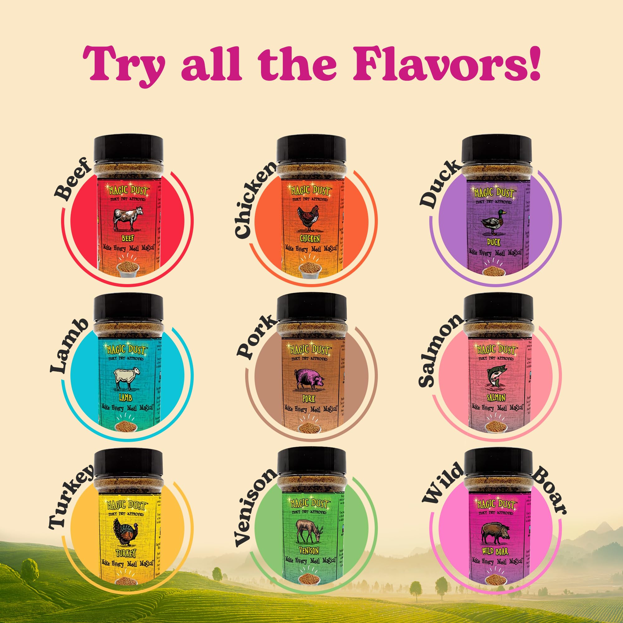 Wild Meadow Farms Magic Dust label close-up highlighting grain-free single-protein ingredients