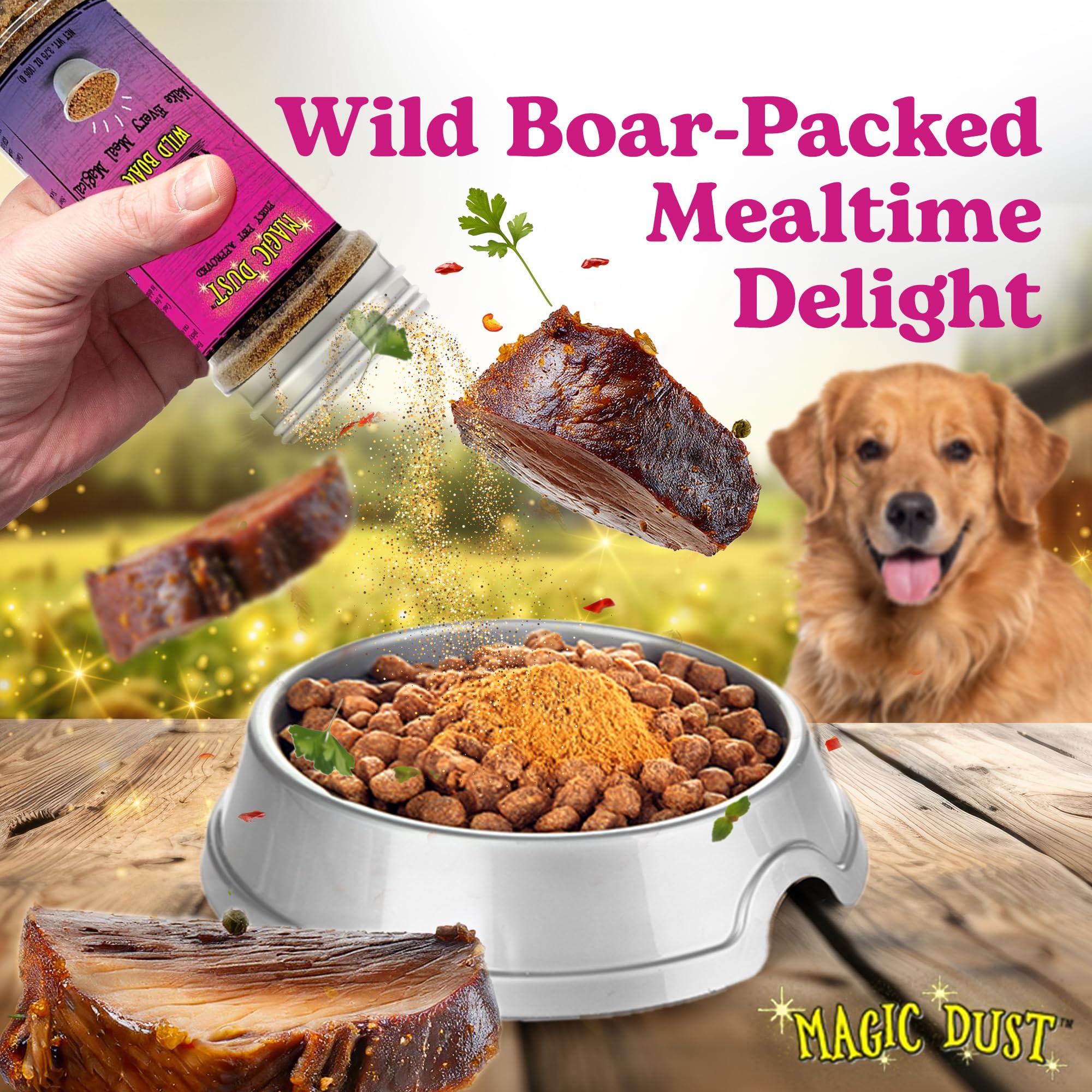 Wild Meadow Farms Magic Dust pet mealtime scene with a happy eater