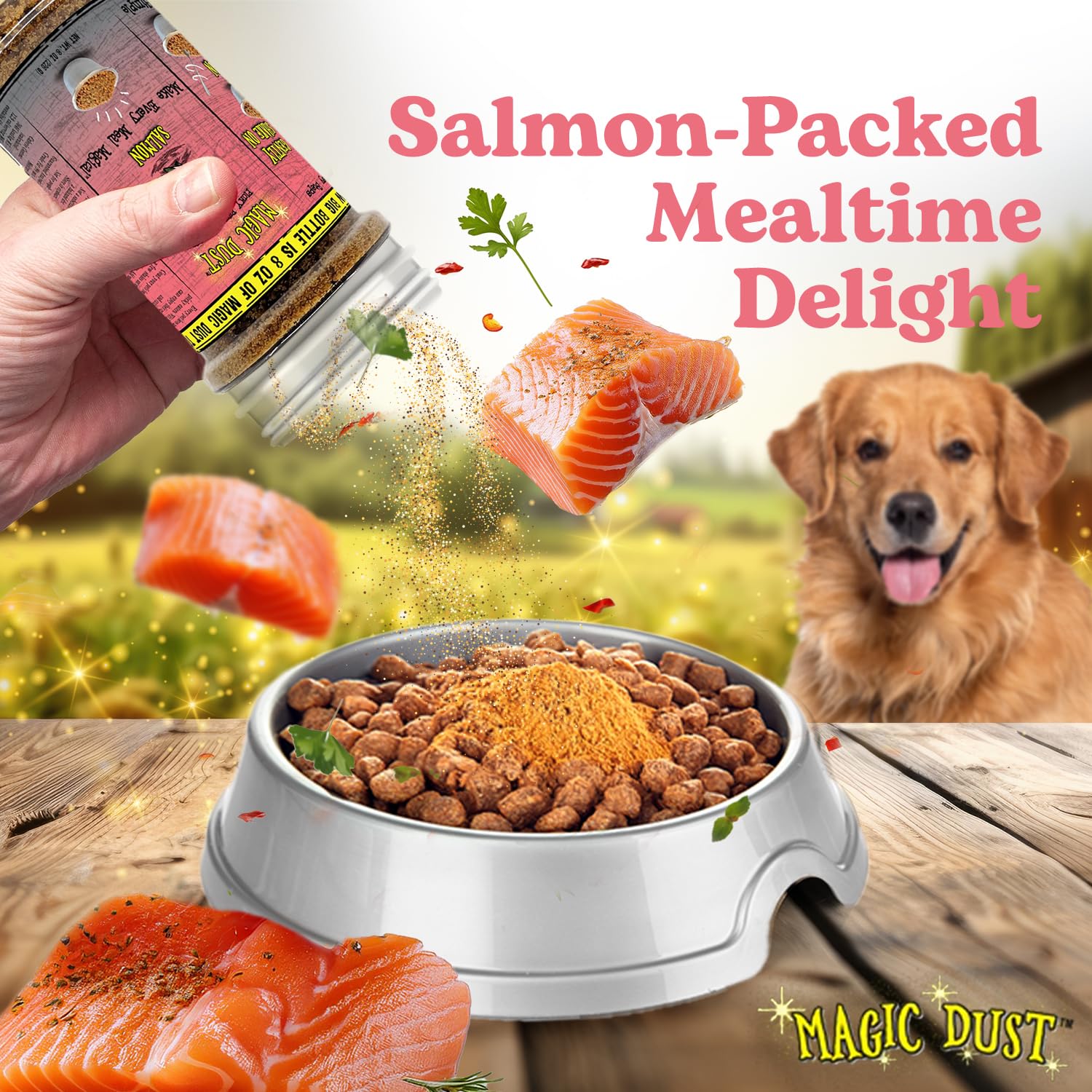 Wild Meadow Farms Salmon Magic Dust closeup highlights crunchy jerky bits you sprinkle