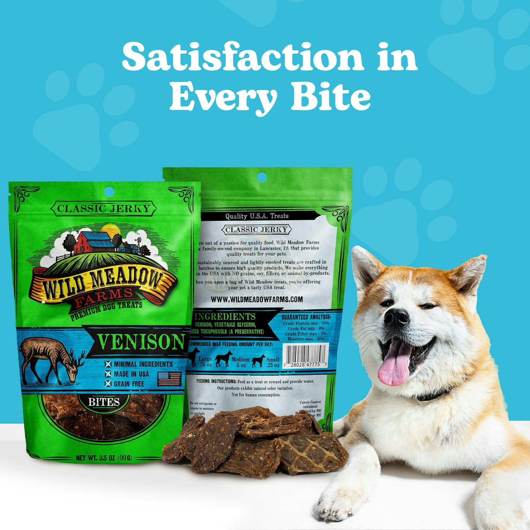 Wild Meadow Farms Venison Bites 3.5 oz pouch supports portion control during walks.