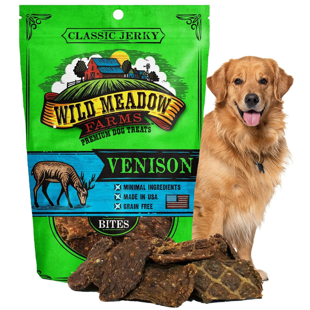 Wild Meadow Farms Venison Bites bag front showing soft jerky ideal for training rewards.