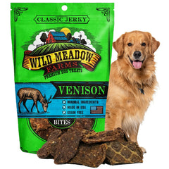 Wild Meadow Farms Venison Bites bag front showing soft jerky ideal for training rewards.