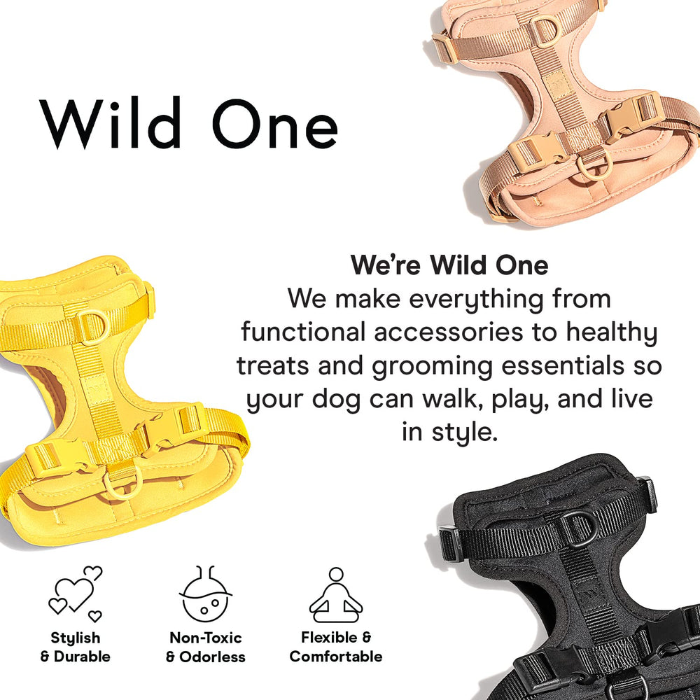 Wild One dog harness adjustable neck and chest for a secure, comfy fit.