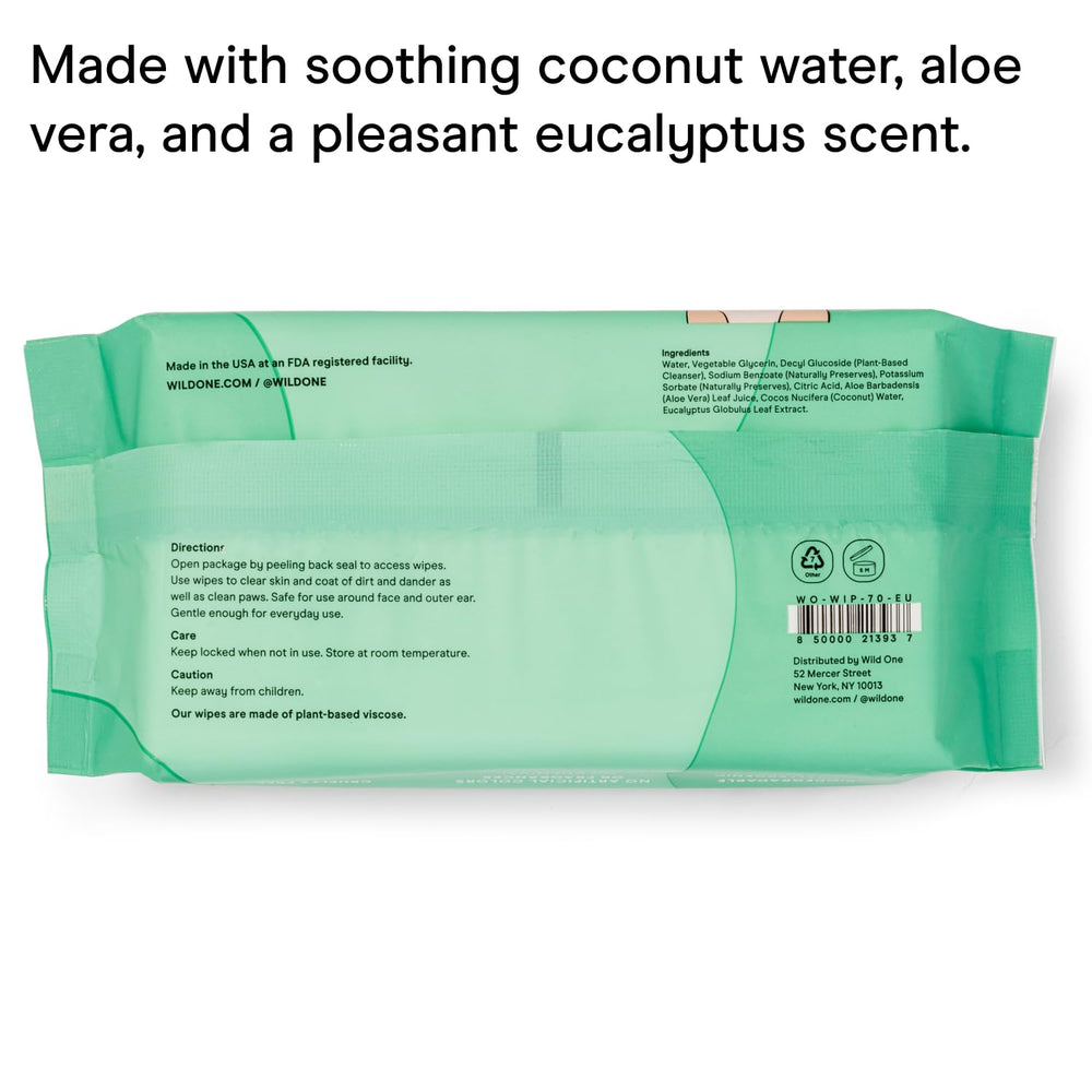 Wild One eucalyptus dog wipes aloe vera closeup emphasizes skin soothing hydration.
