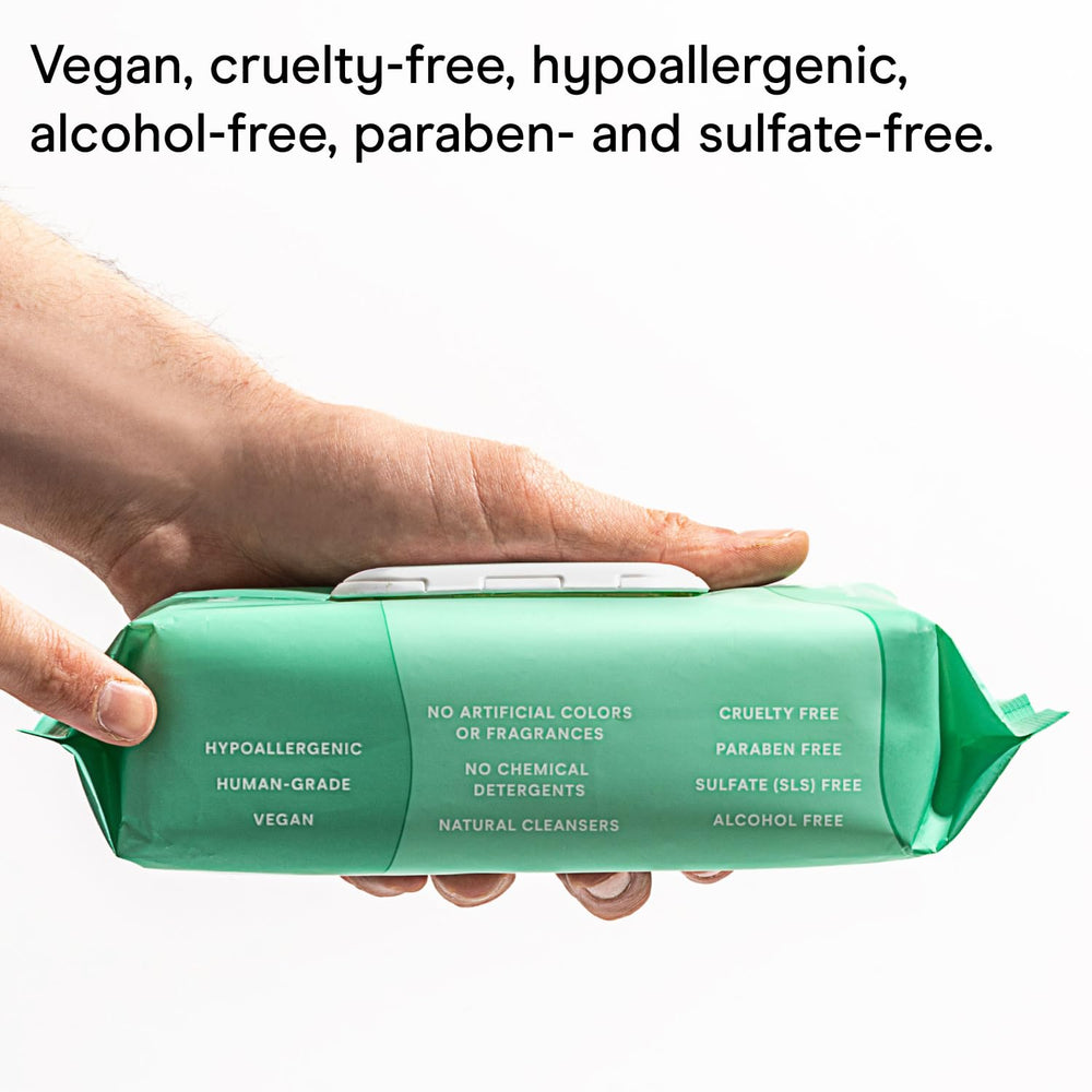 Wild One eucalyptus dog wipes coat-cleanse closeup highlights natural cleansers and aloe.