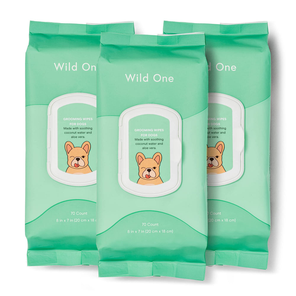 Wild One eucalyptus dog wipes pack closeup with resealable lid for easy cleaning.