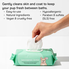 Wild One eucalyptus dog wipes reseal lid shows freshness for between-bath cleanup.