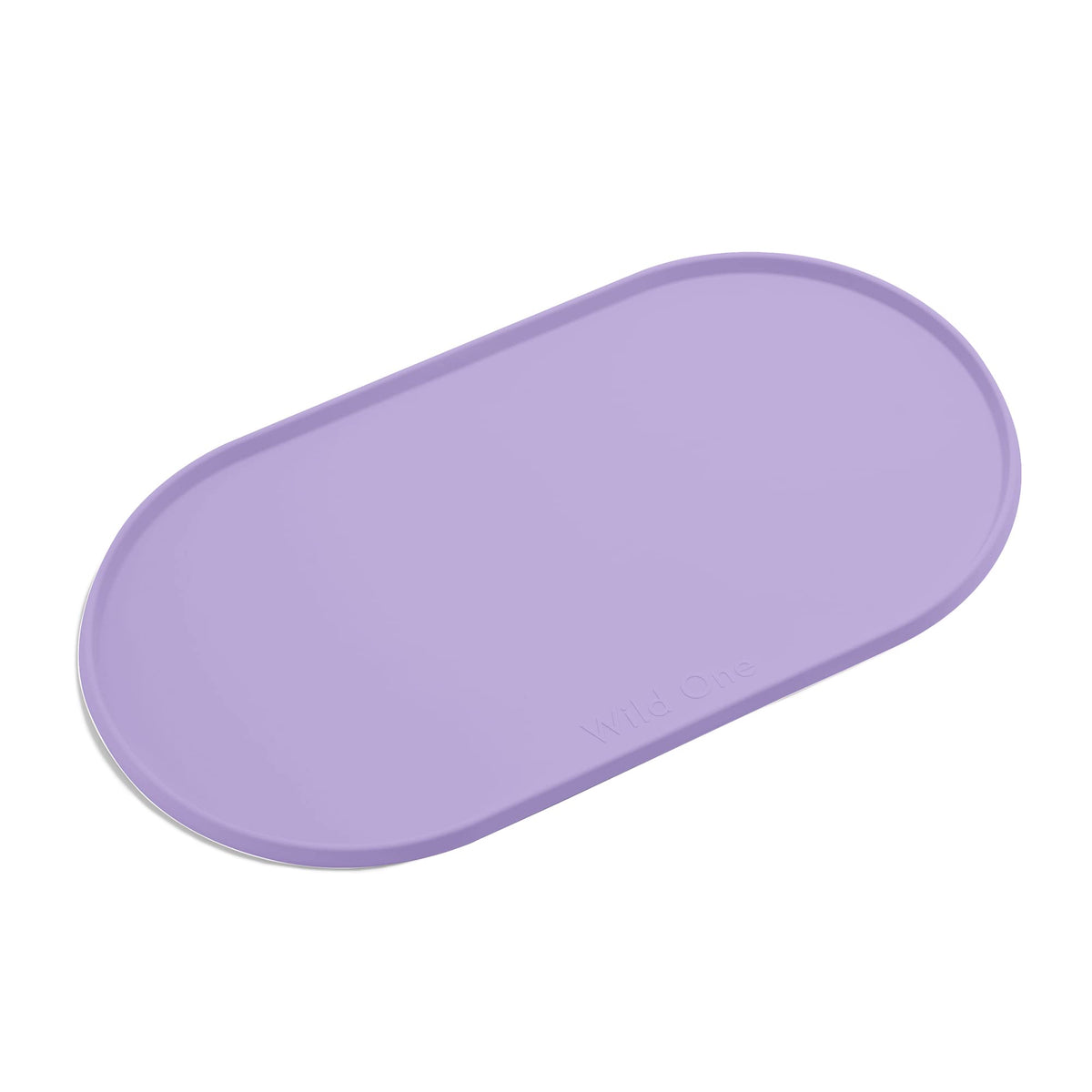Wild One standard lilac placemat angled view showing raised edge to contain spills.