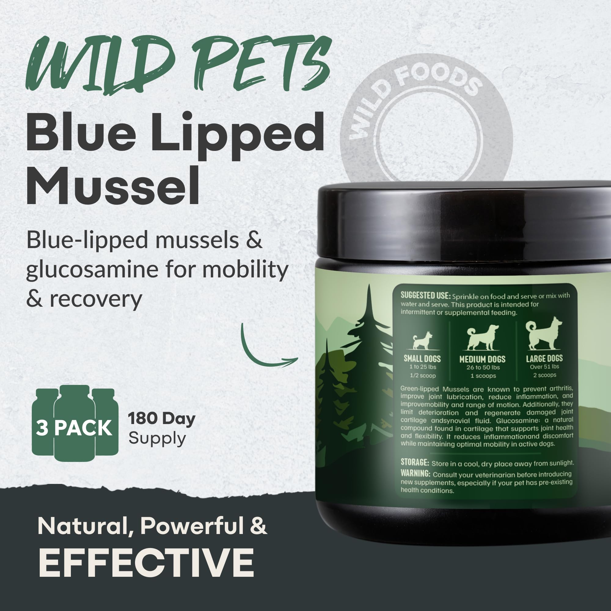 Wild Pets dual-action scoop demonstrates precise dosing of mussel and glucosamine.