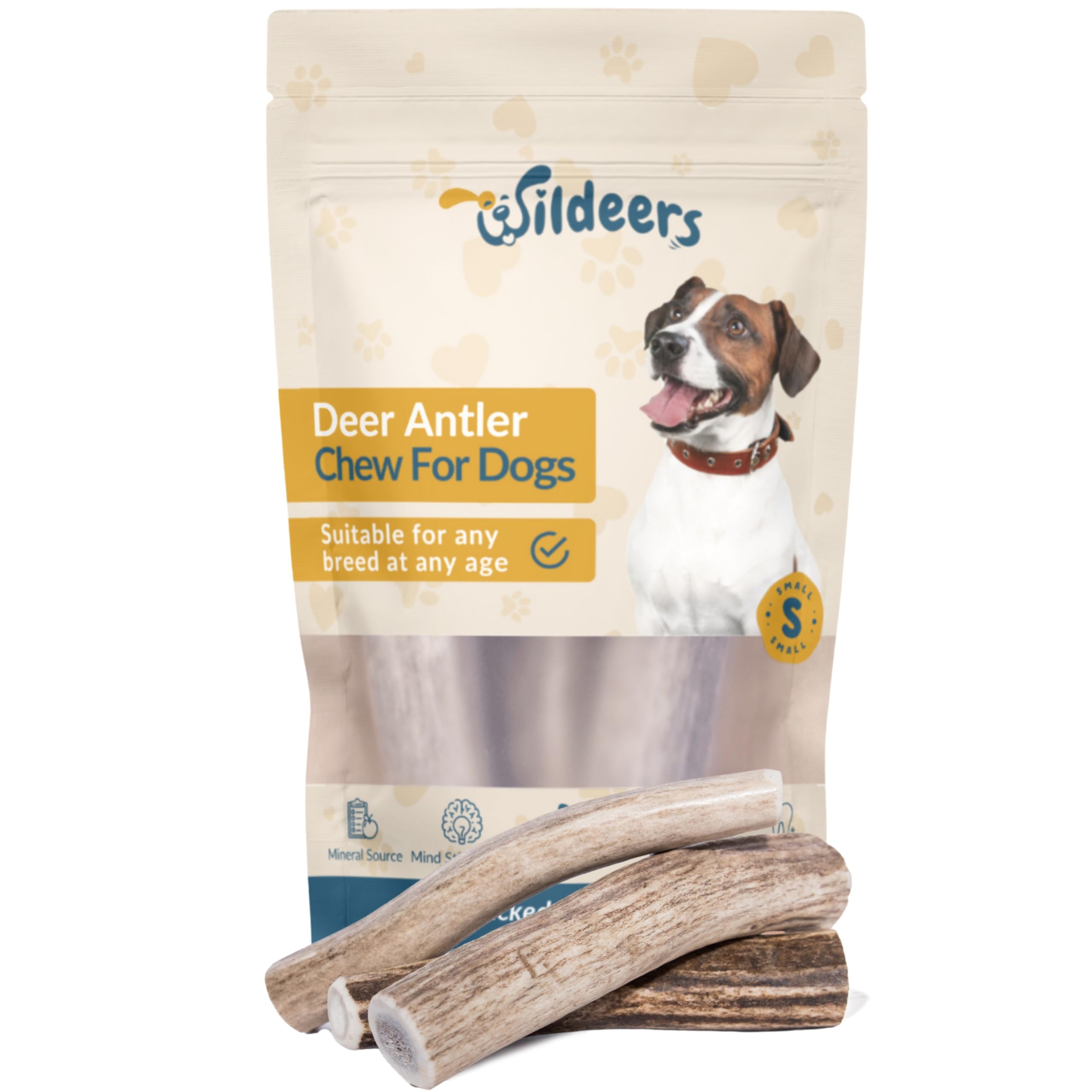 Wildeers Premium Deer Antlers packaging shows durable chew for long-lasting dog entertainment.