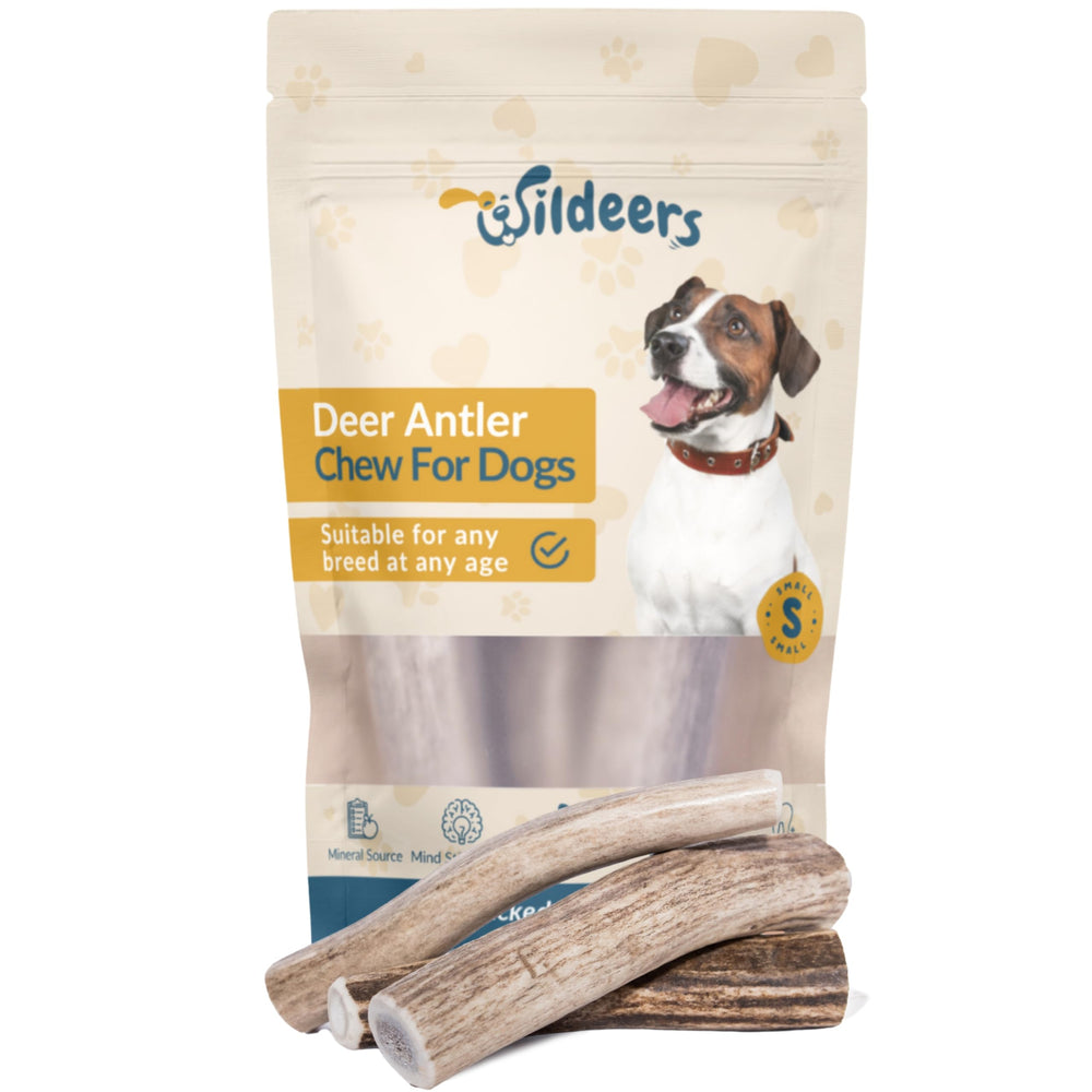 Wildeers Premium Deer Antlers packaging shows durable chew for long-lasting dog entertainment.