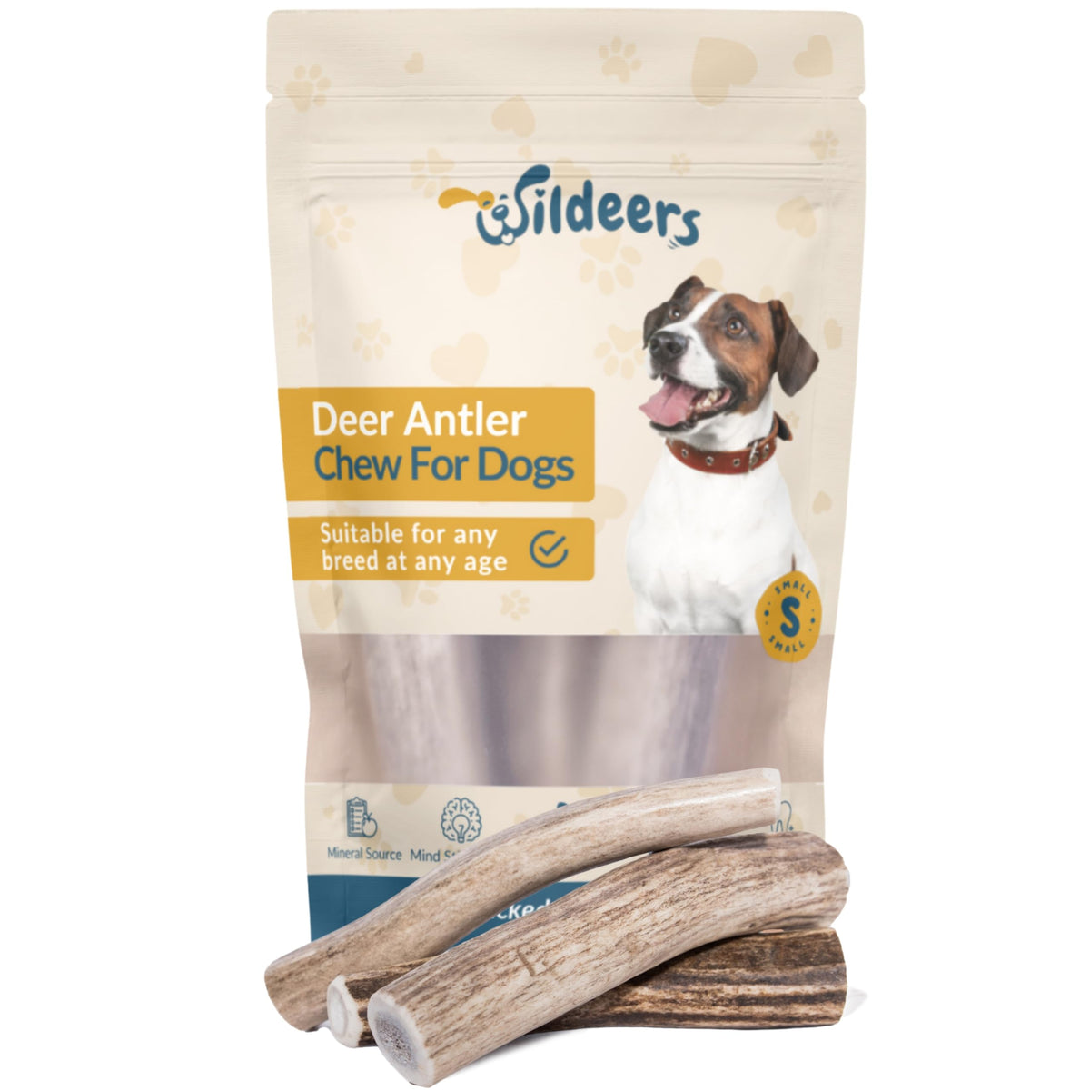 Wildeers Premium Deer Antlers packaging shows durable chew for long-lasting dog entertainment.
