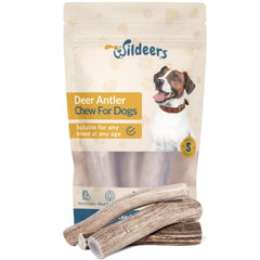 Wildeers Premium Deer Antlers packaging shows durable chew for long-lasting dog entertainment.