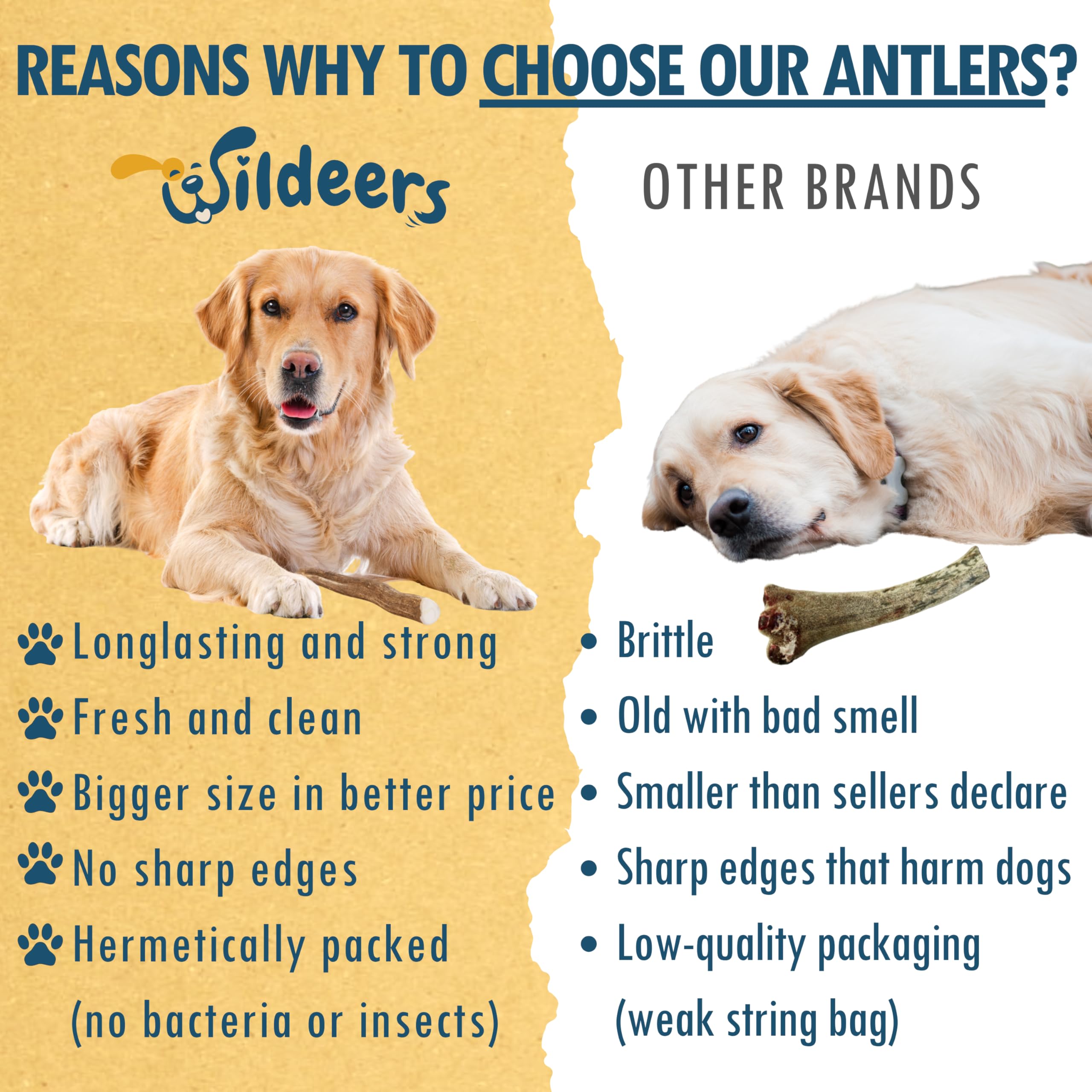 Wildeers sealed antler chews ensure clean storage and extended shelf life.