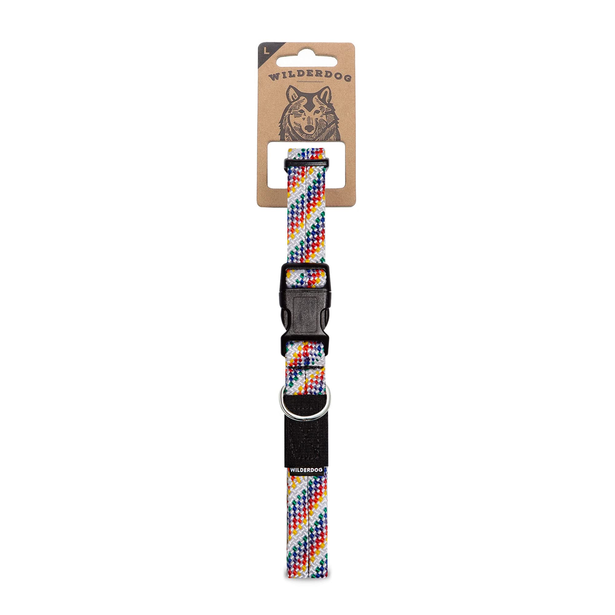 Wilderdog climbing rope collar hardware shows rugged, secure components for outdoor safety.