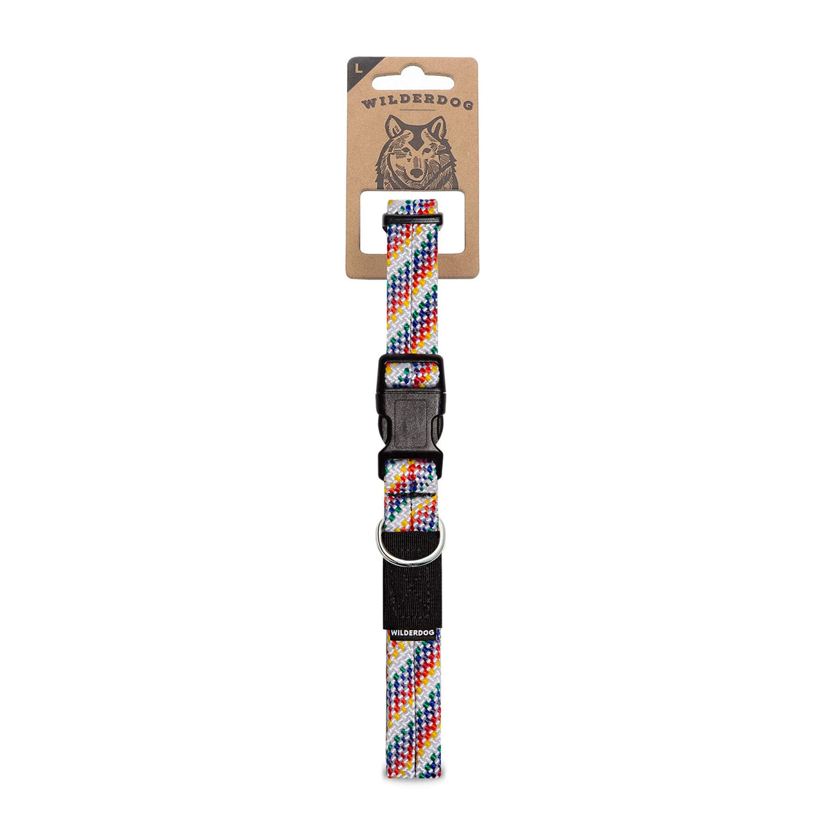 Wilderdog climbing rope collar hardware shows rugged, secure components for outdoor safety.