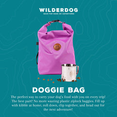 Wilderdog Doggie Bag stainless-steel mug included for easy kibble scooping.