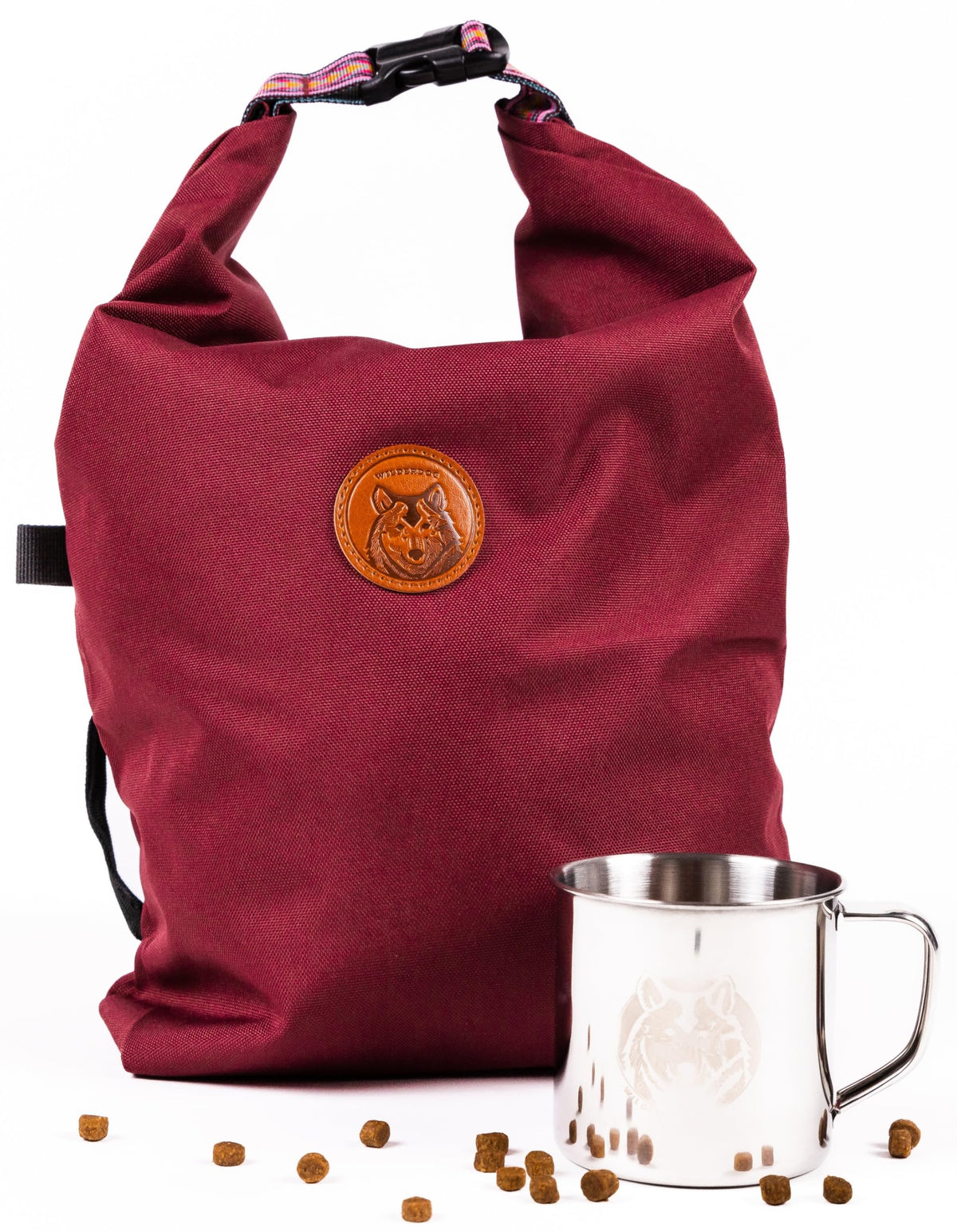 Wilderdog doggie bag with mug included for easy kibble scooping on trips
