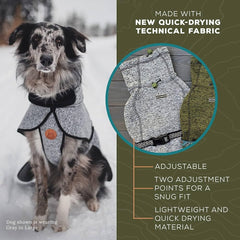Elastic back leg loops and waist strap keep Wilderdog jacket in place