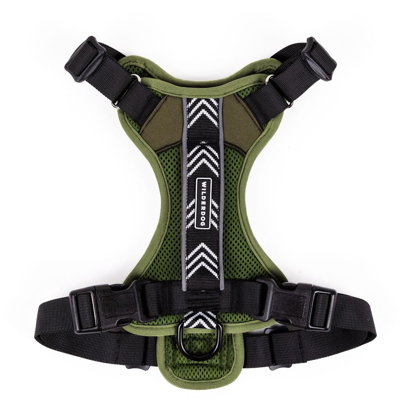 Wilderdog olive overhead-fit harness shows secure, comfortable everyday walks