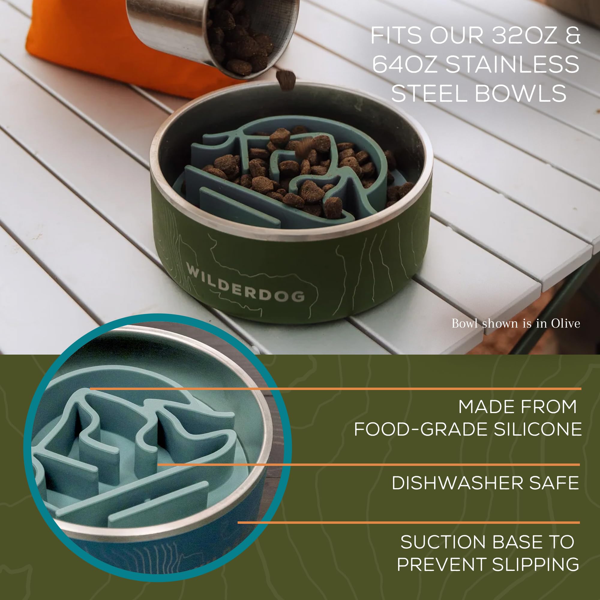 Fits 7+ inch bowls; Wilderdog Slow Feeder Bowl offers flexible setup.