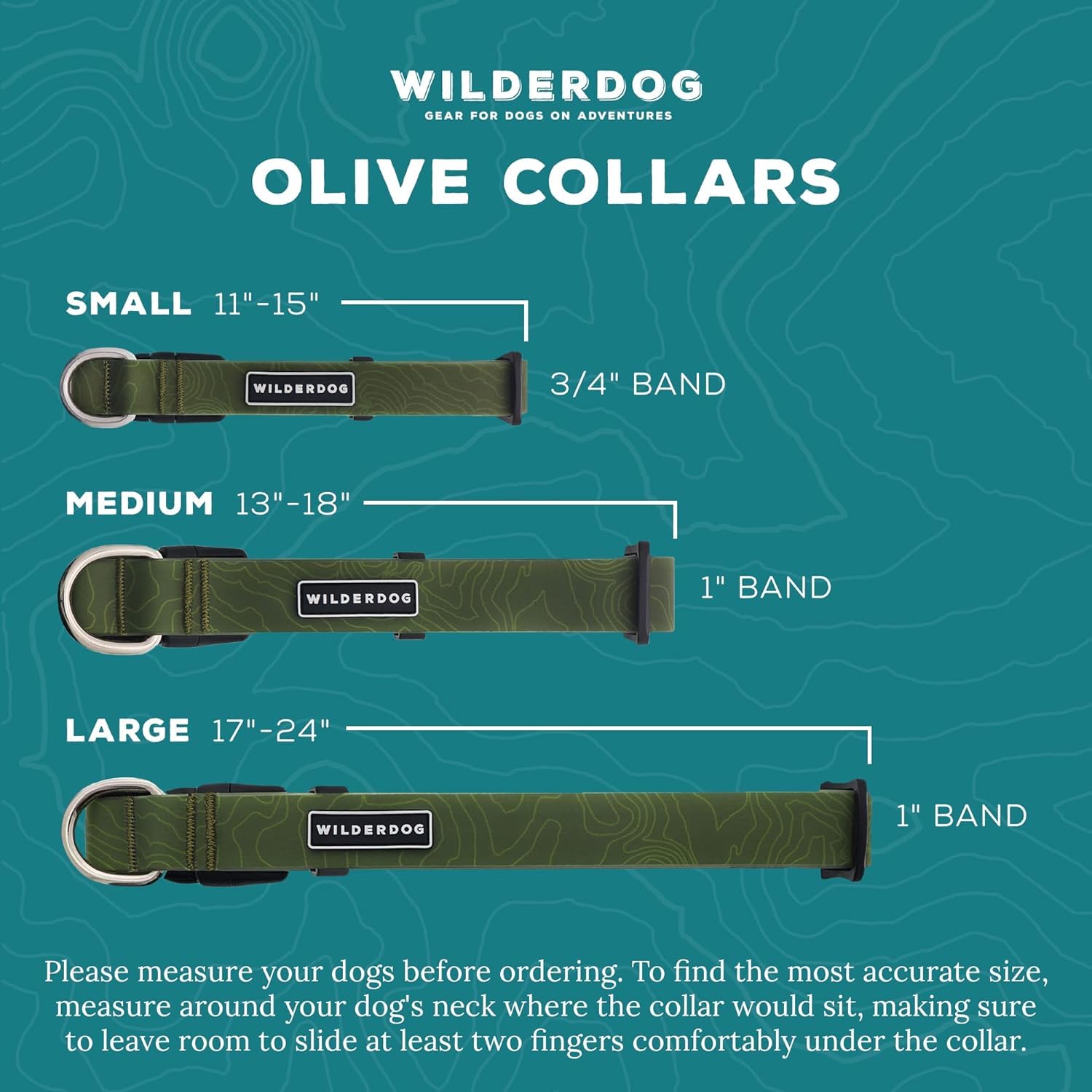 Wilderdog waterproof dog collar olive adjustable strap highlights comfortable fit for medium dogs.