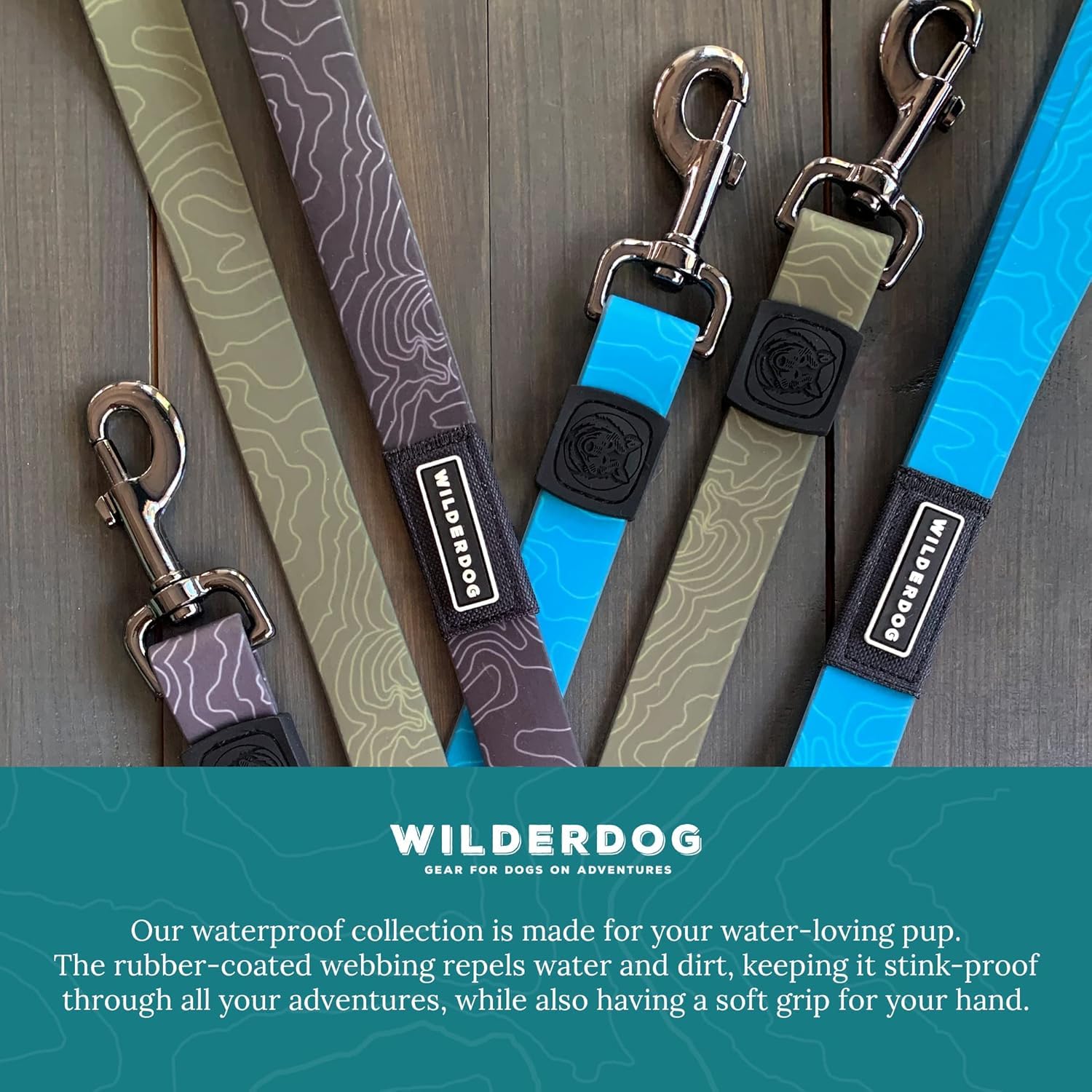 Wilderdog olive leash with swiveling clip enables quick easy on-off