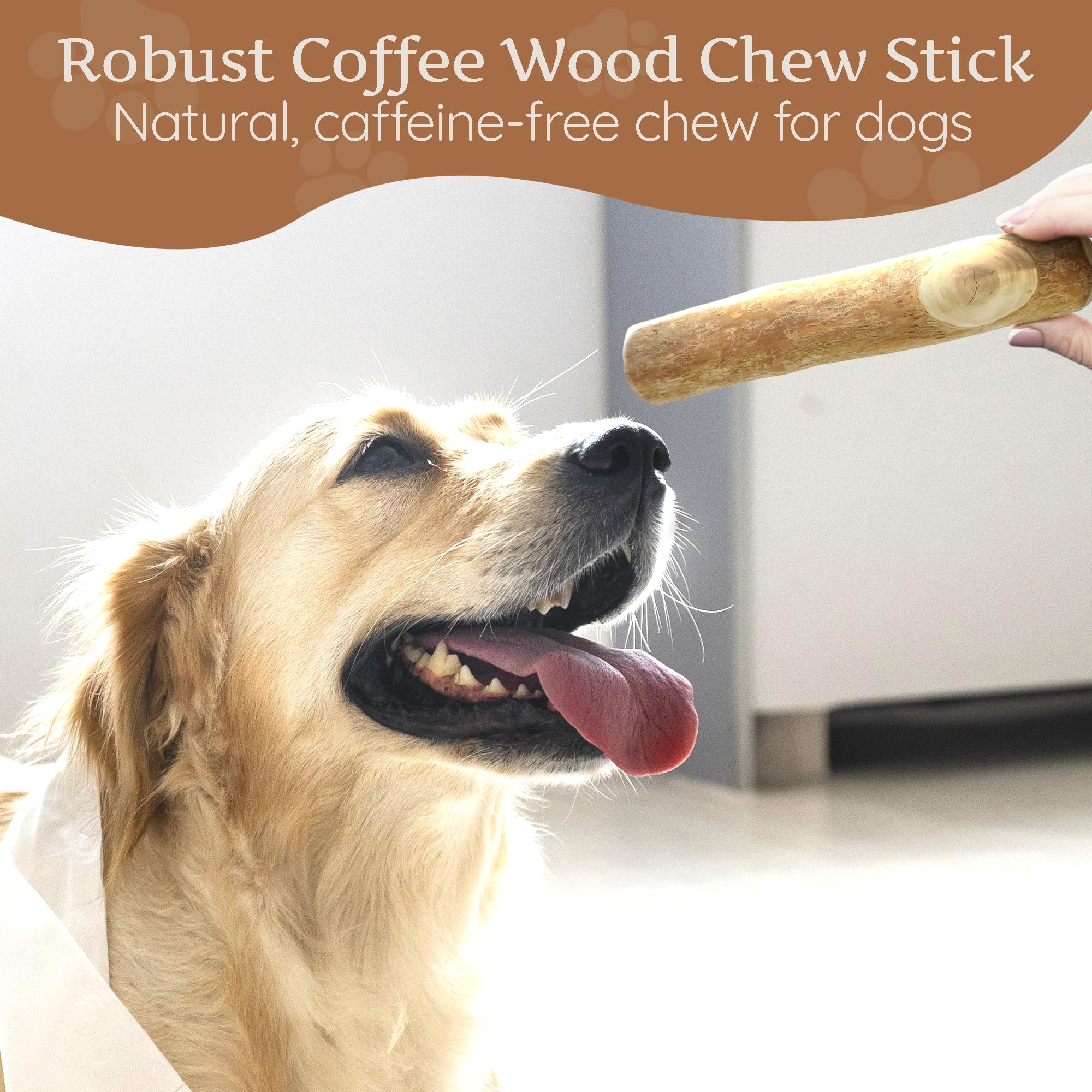 Wildfang coffee wood dog chew durability image conveys long-lasting chew for powerful chewers.