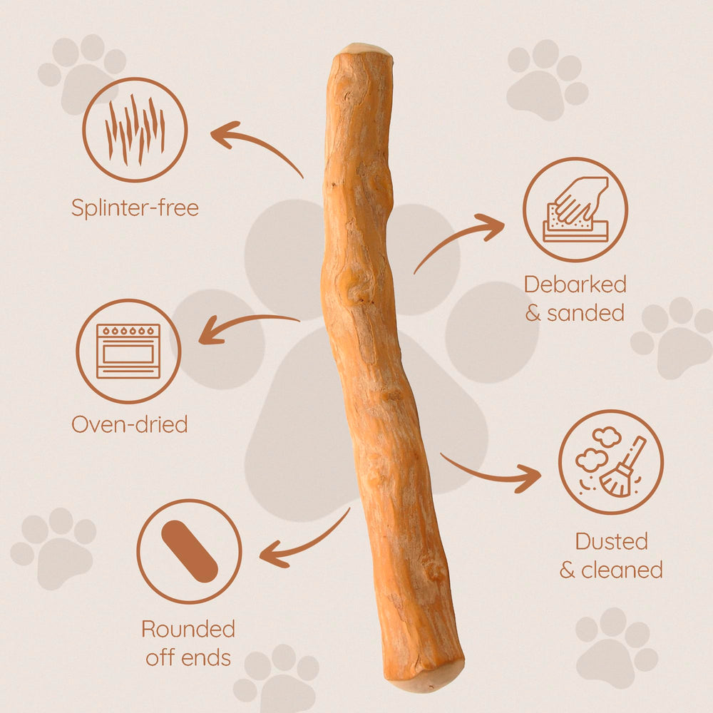 Wildfang Coffee Wood Dog Chew texture closeup highlights splinter-resistant design.