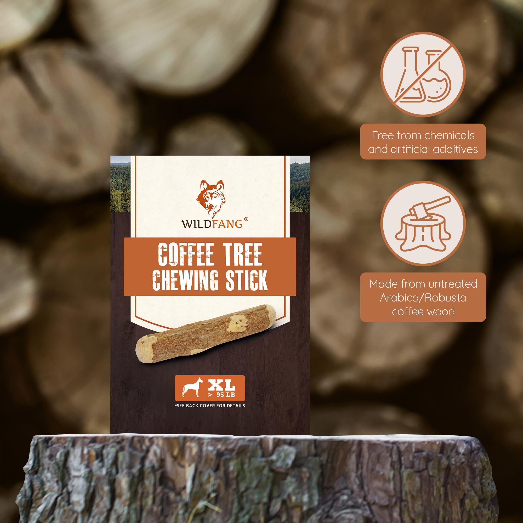 Wildfang coffee wood dog chew safety supervision image shows clear guidance for owners.