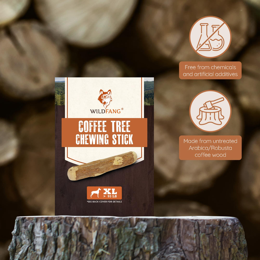Wildfang coffee wood dog chew safety supervision image shows clear guidance for owners.