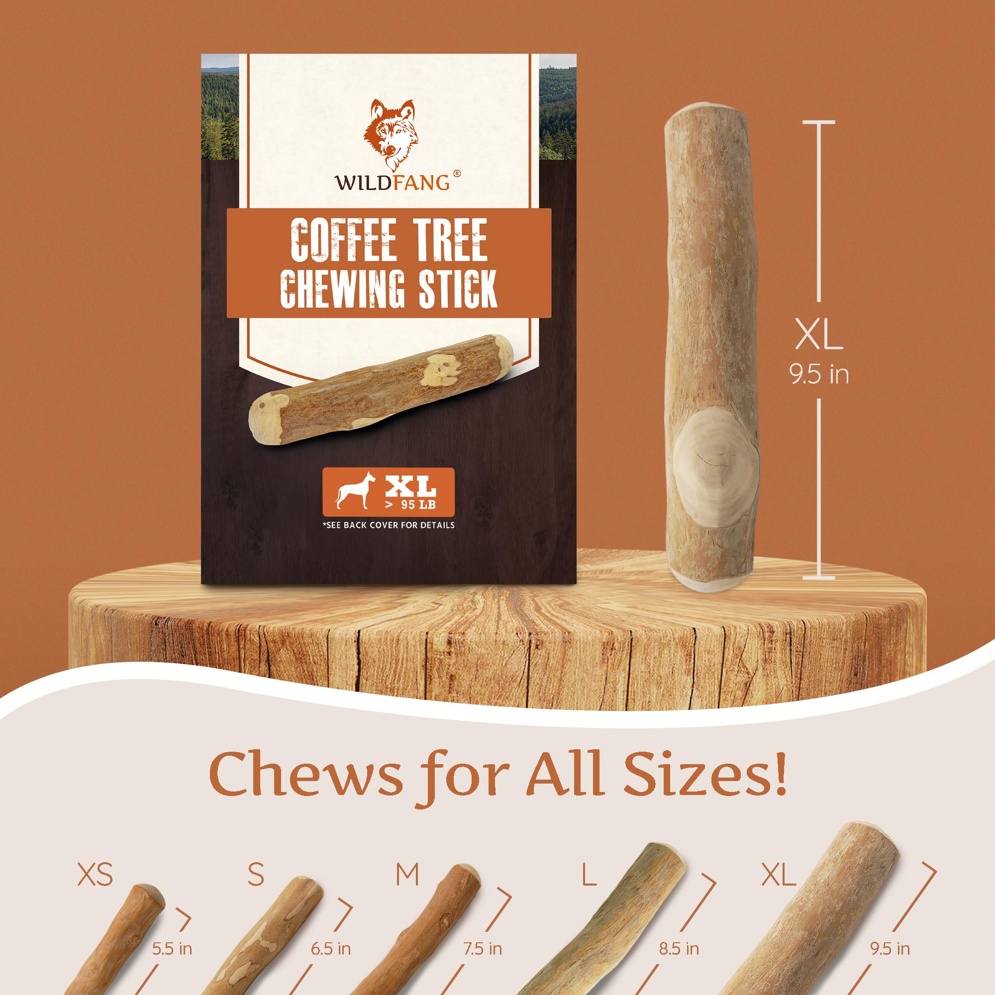 Wildfang coffee wood dog chew wood texture closeup emphasizes natural, splinter-resistant material.