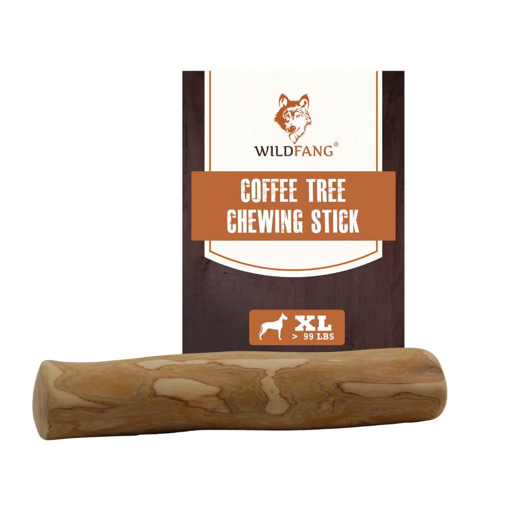 Wildfang coffee wood dog chew XL stick closeup highlights durable, safe chewing for aggressive chewers.