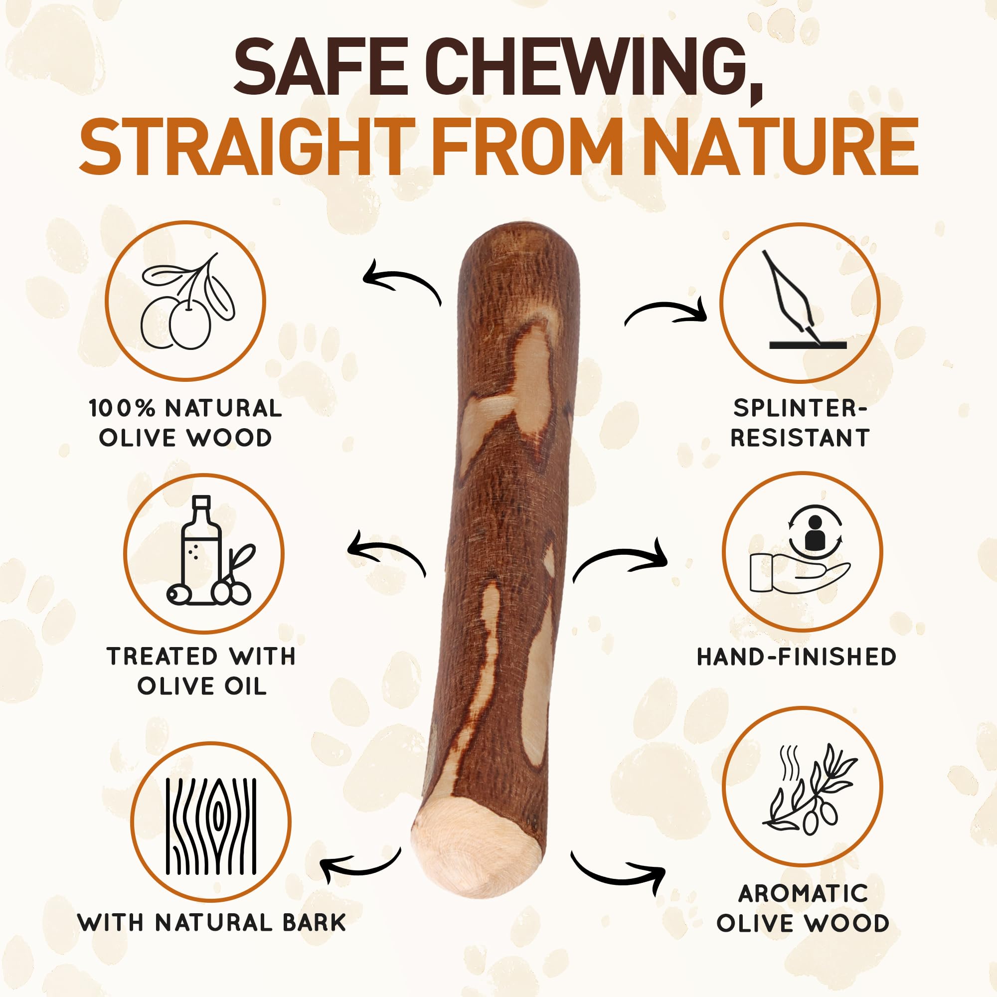 Wildfang Olive Wood splinter-resistant image demonstrates safe, natural chewing for dogs.