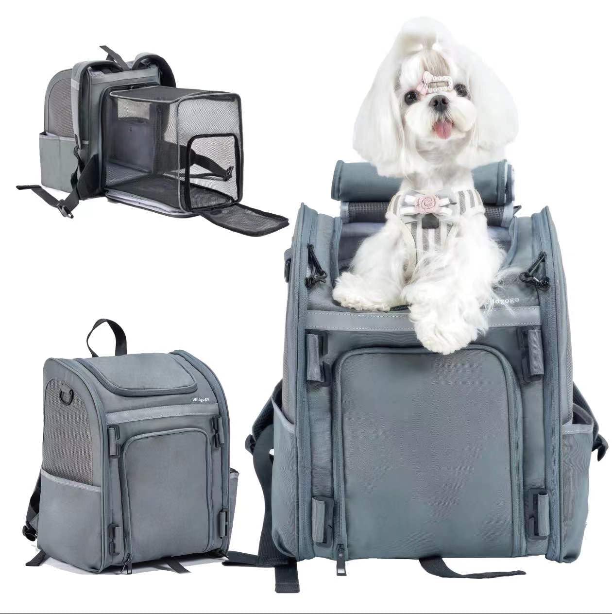 Wildgogo expandable pet carrier front view with roomy space for travel.