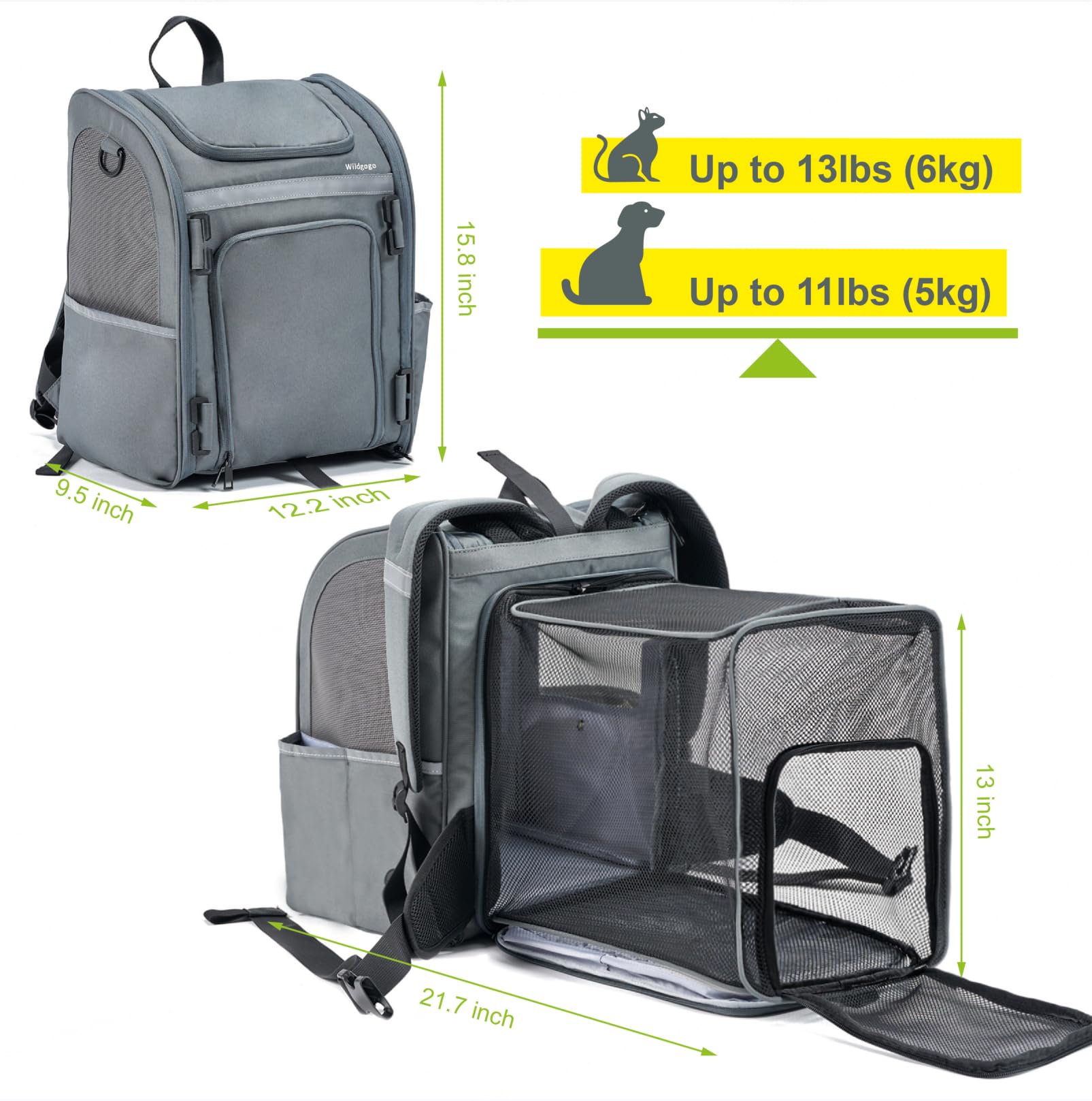 Wildgogo expandable pet carrier interior space expanded for comfy pets during trips.