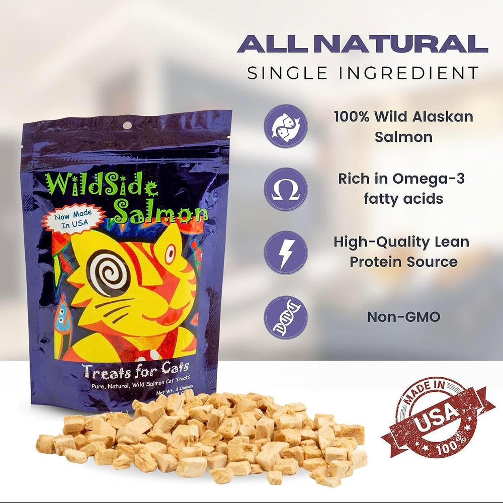 WildSideSalmon USA-made cat treats showcase natural wild salmon.