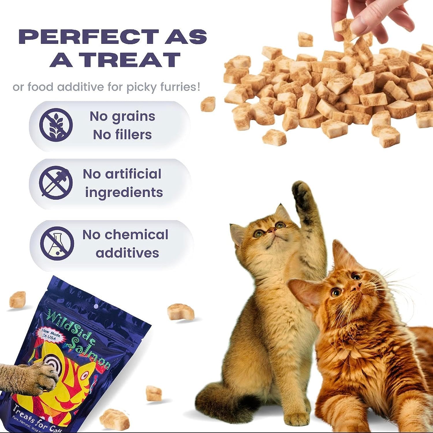 WildSideSalmon omega-3 and omega-6 rich salmon pieces for balanced feline nutrition.