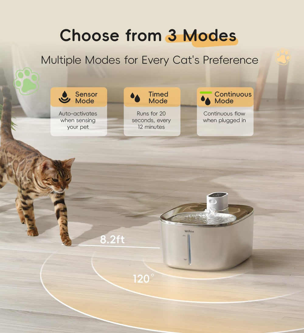 WILKIEE cat water flow stream illustrates automatic 12-second refreshment