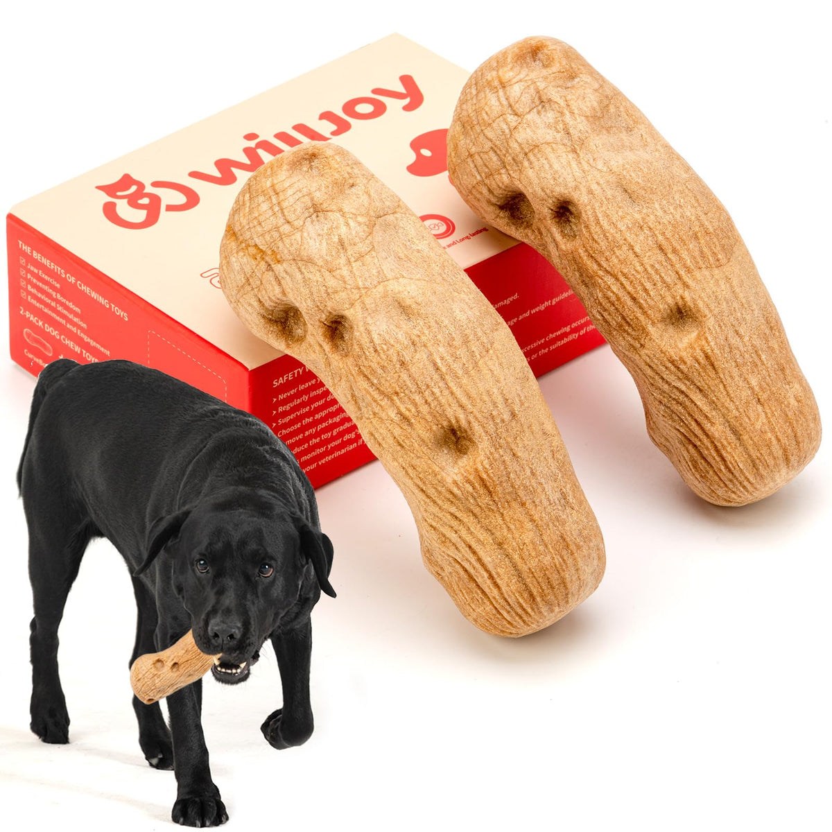 Willjoy tough dog toy with wood-like finish for durable outdoor chewing.