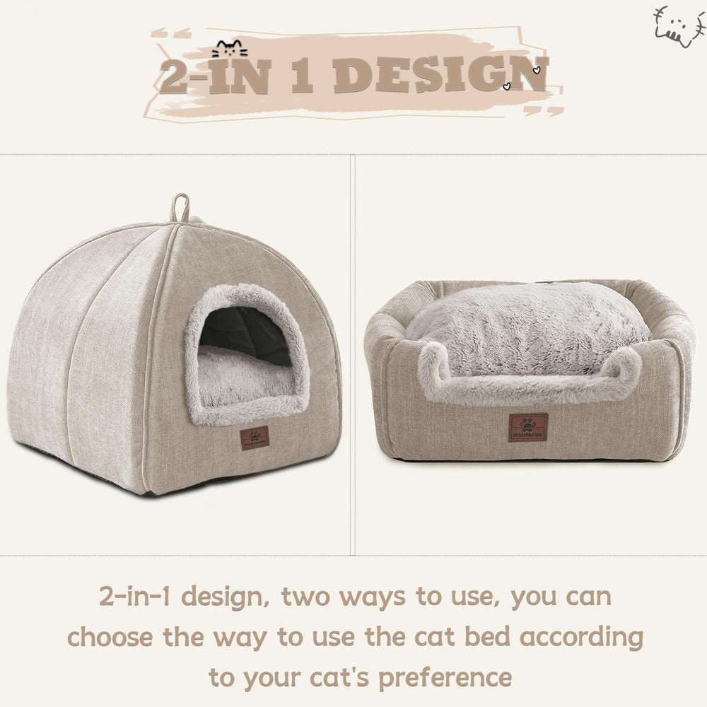 WINDRACING cat bed large beige front view highlighting stability and soft shelter.