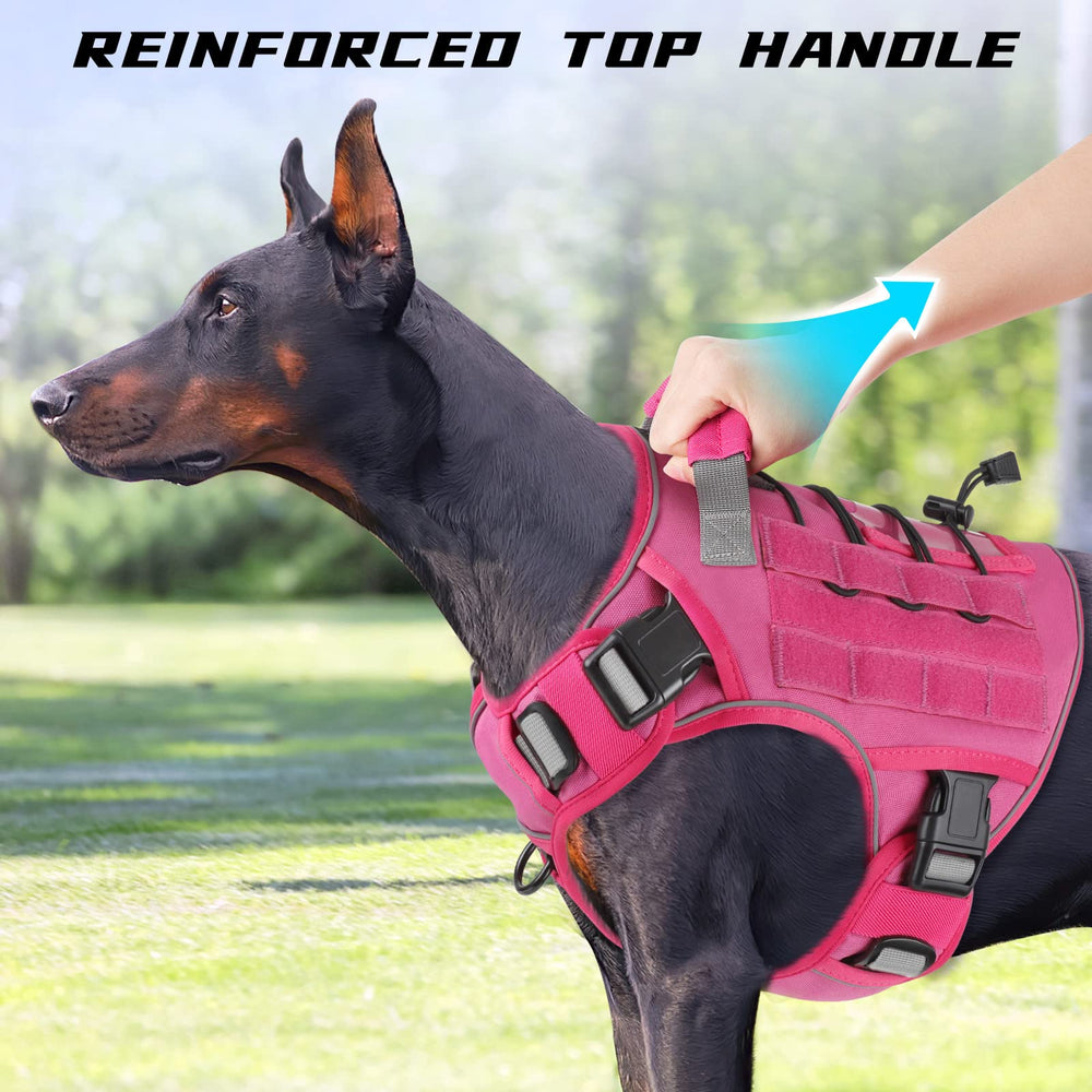 WINGOIN pink tactical dog harness D-rings close-up reveal durable leash attachment points.